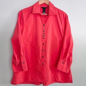 Ali Miles Crinkled Button Front Blouse Bright Coral Pink Collared Women’s Small‎